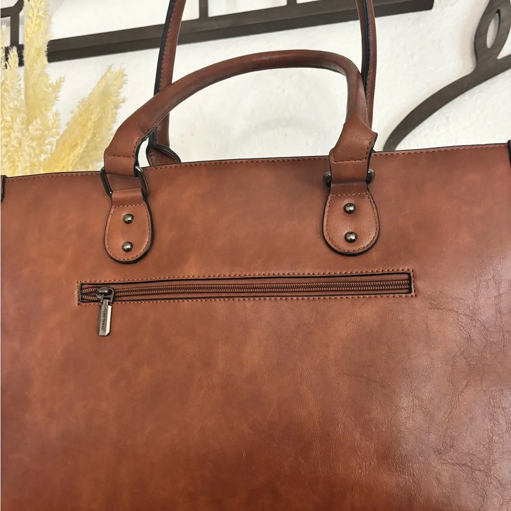 Structured Brown Laptop Tote with Double Handles and Adjustable Strap - Picture 3 of 4